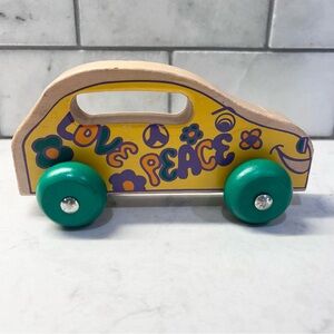 Vintage Holgate Hippie Love Peace wooden toy Car Yellow Green Moving Wheels